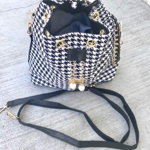 Houndstooth BUCKET purse gold chain shoulder BAG - Picture 3 of 5